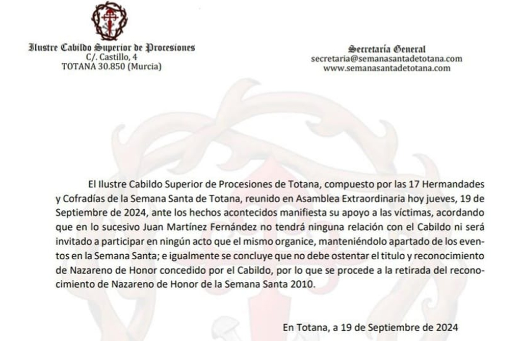 El Cabildo le retira el título de Nazareno de Honor a Juan Martínez “el Enterraor”